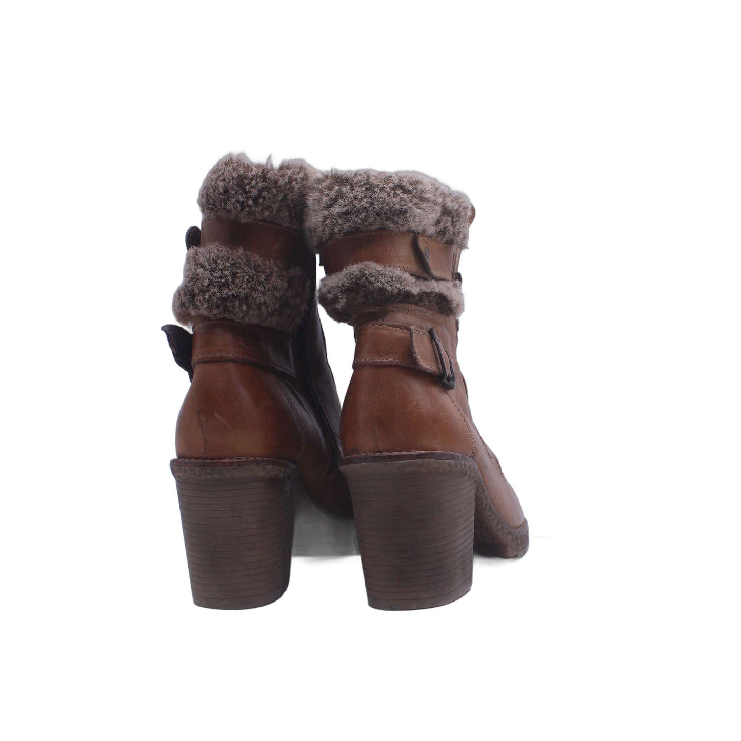 5th Avenue Brown Leather Shearling Trim Stacked Heel Boot