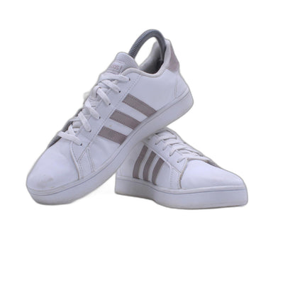Adidas Grand Court K White & Gold Granite Stripe Tennis Shoes