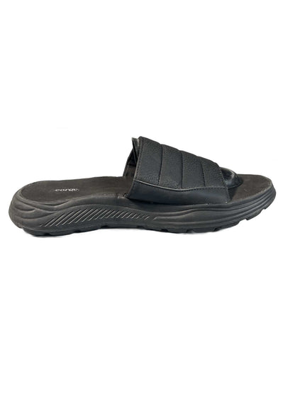Black quilted slide sandal with a curved comfort sole