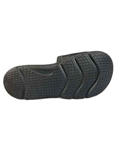 Black athletic slide sandal with a ribbed EVA foam