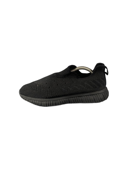 black slip-on knit sneaker with a grooved rubber sole shoe