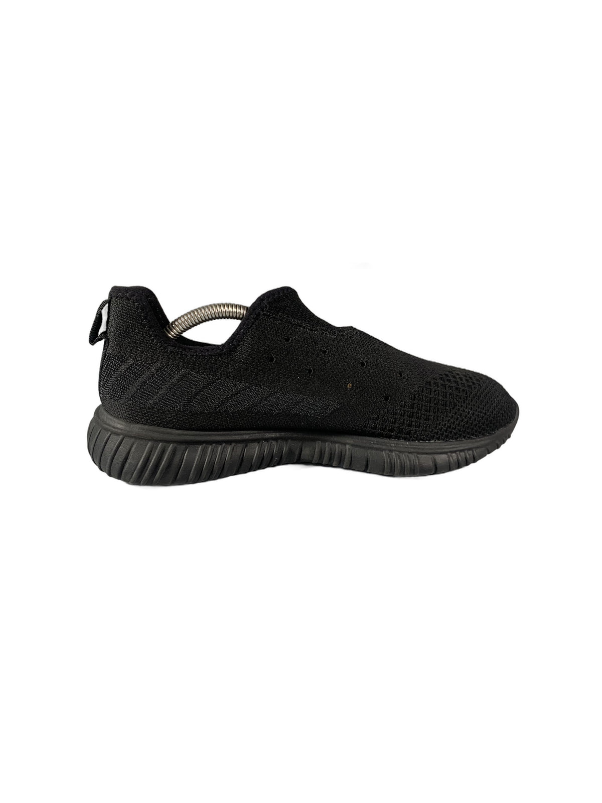 black slip-on knit sneaker with a grooved rubber sole shoe